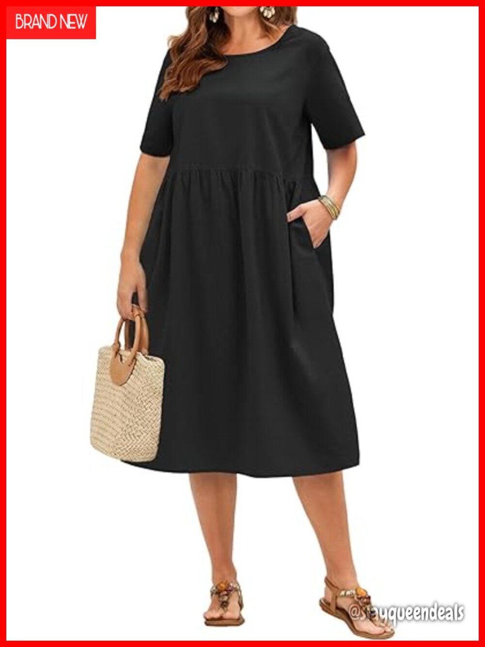 Plus Size Cotton Linen Midi Dress with Pockets